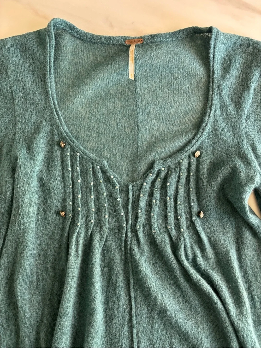 Free People Teal Fuzzy Knit Top Wool & angora blend sz M